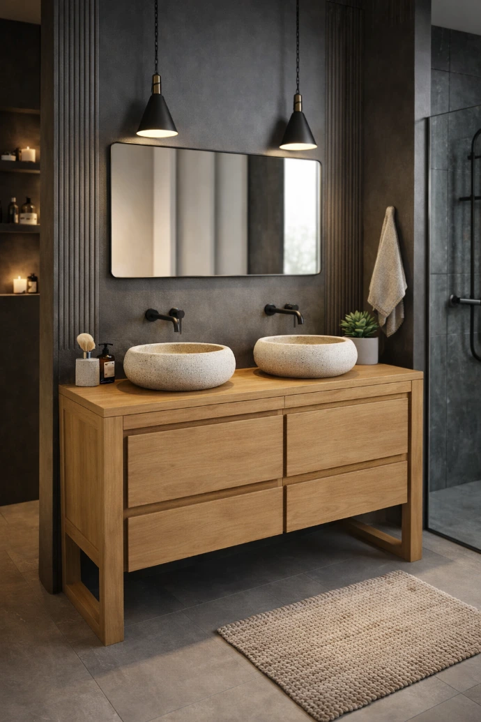 meuble salle de bain en teck double vasque